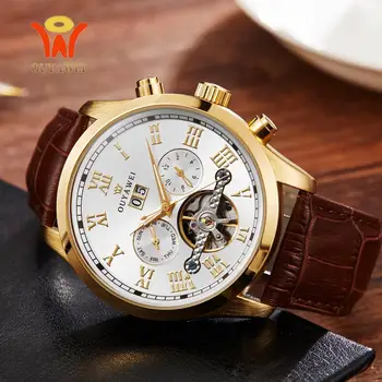 

Original OYW Luxury Gold Male Skeleton Mechanical Hand Wind Watch Men 30m Waterproof Fashion Business Wristwatches Relogios