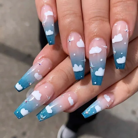 Sky Blue Clouds Gradient Rhinestone Wearing Nail Finished Fake Nail Nail Patch Forms for nail extension free shipping