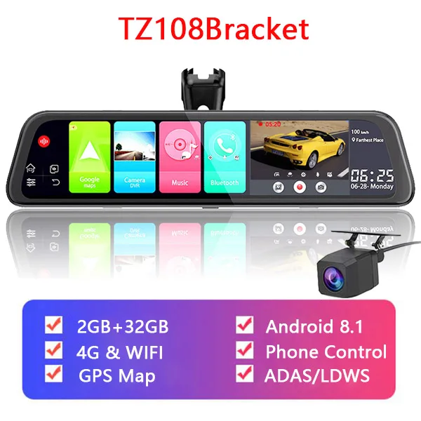 QUIDUX 1" зеркало заднего вида 4G ADAS Автомобильный видеорегистратор камера Android 8,1 2G ram 3 2G rom WiFi gps навигация DashCam Регистратор запись видео - Название цвета: TZ108Bracket
