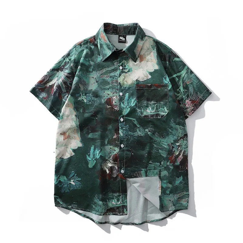 Men Shirt Short Sleeve 2021 New Summer Retro Flowers Painting Male Shirt Sunflower Thin Comfortable Student Korean Style S03