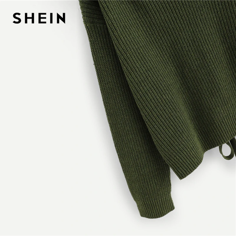 SHEIN, армейский зеленый, со шнуровкой, на спине, на плече, свитер, пуловер для женщин, Осень-зима, длинный рукав, v-образный вырез, повседневные женские однотонные свитера