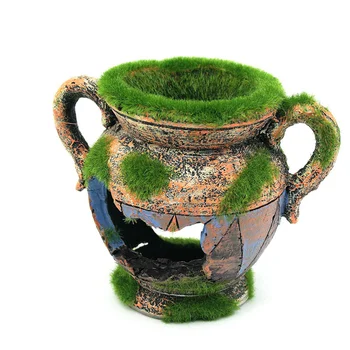 

1pc Aquarium Ornament Lifelike Flocking Antique Broken Flowerpot Craft for Fish Tank
