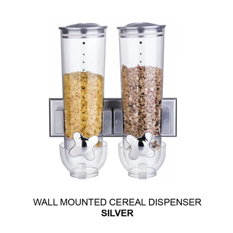 Кухонные настенные контейнеры Двойной баррель контейнер для хранения зерна овсянка диспенсер самообслуживания для хранения сухих продуктов контейнер - Цвет: Wall-mounted silver