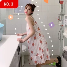 Абзац ночная рубашка женская летняя тонкая с тонким поясом хлопок милая Клубника студентов без рукавов платье домашняя летняя WDR84