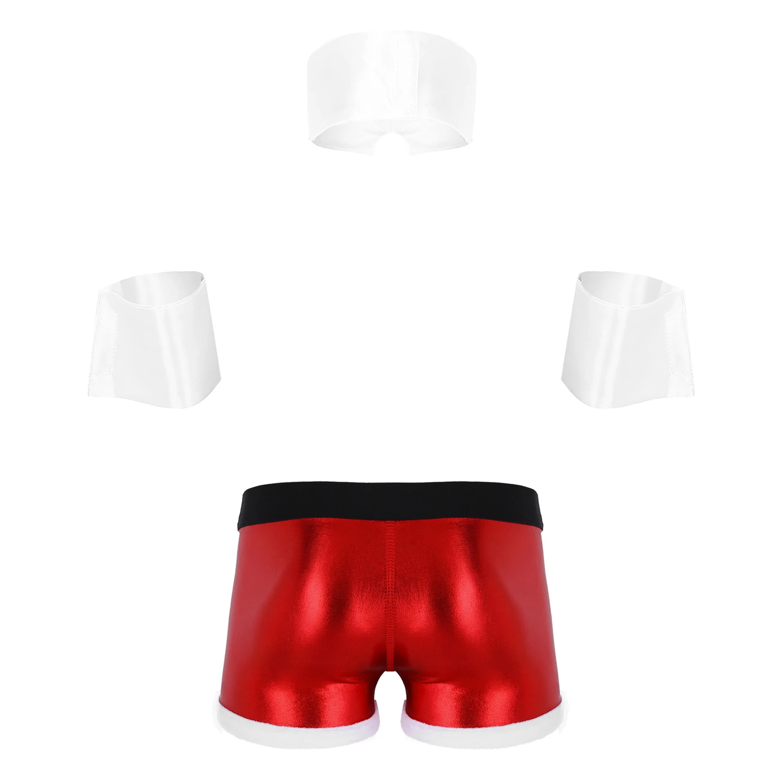 Mens Christmas Role Play Costume Sexy Lingerie Set Club Dance Outfits Collar Cuffs with Low Waist Shorts Underpants Underwear