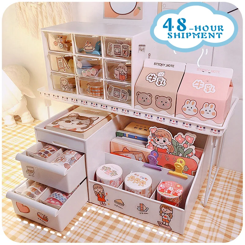 W&G 3pcs/Set Ins Kawaii Deskpot Organizer Makeup Storage Box 3 Shelf Container Drawer Cabinet Rack Send Sticker Home Decor 2021