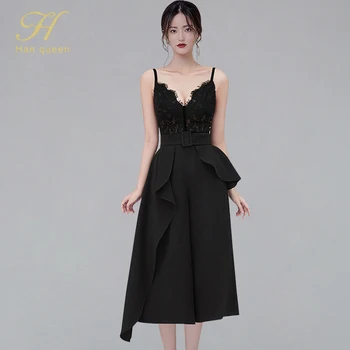 

H Han Queen New Vintage Spaghetti Strap Elegant Sexy Dress Women Slim V-neck Lace Patchwork Dresses Summer Evening Party Vestido