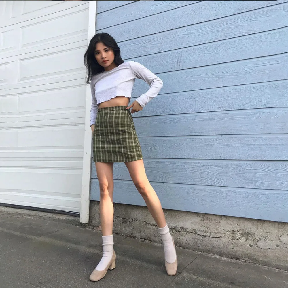 

Autumn Women's New Plaid High Waist Bag Hip Hundred Tower Skirt Harajuku Mini Skirt Faldas Mujer Moda 2019 Green Skirts Womens