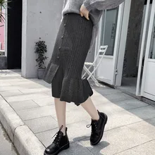 Труба вязаная зимняя стандартная юбка Для женщин пуговицы одноцветное посылка бедра, высокая талия стрейчевый облегающий теплый Повседневное в стиле Харадзюку