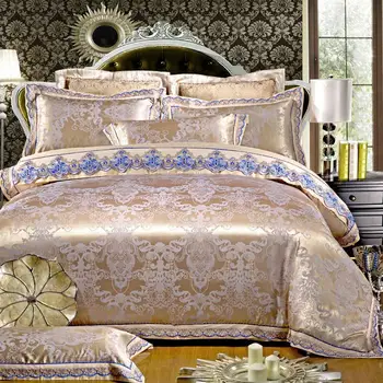 

50..60s 4Pcs Satin Jacquard Tribute Silk luxury lace bedding sets queen king size duvet cover set bed set pillowcase bedclothes
