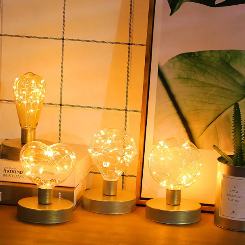 Creative Copper Wire LED Table Lamp Retro LED Bulb Night Light Battery Power for Home Christmas Decoation LED Bedside Lamp