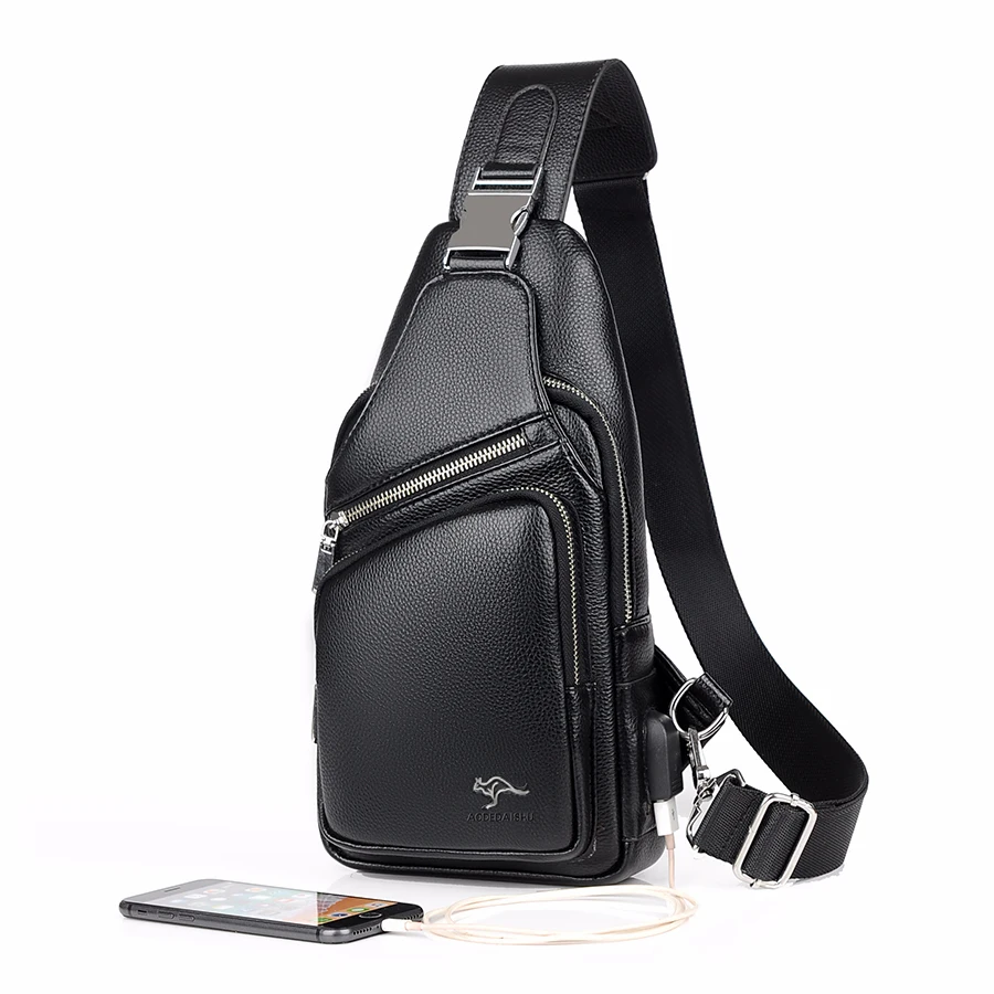 2021 Jackkevin Fashion Mens Shoulder Bag Burglarproof Black Leather Mens Chest Bag USB Charging Crossbody Bags Travel Bag