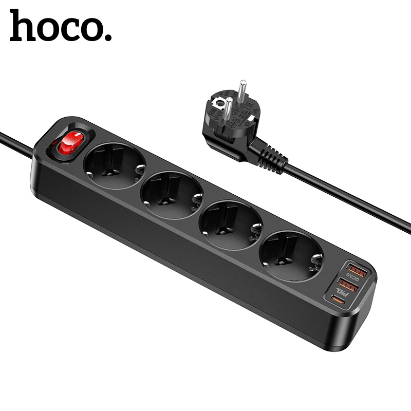 

Универсальный Сетевой удлинитель Hoco QC3.0 PD20W с Европейской/GER вилкой, 4 порта, 3 А, USB-адаптер для быстрой зарядки, удлинитель для дома и офиса
