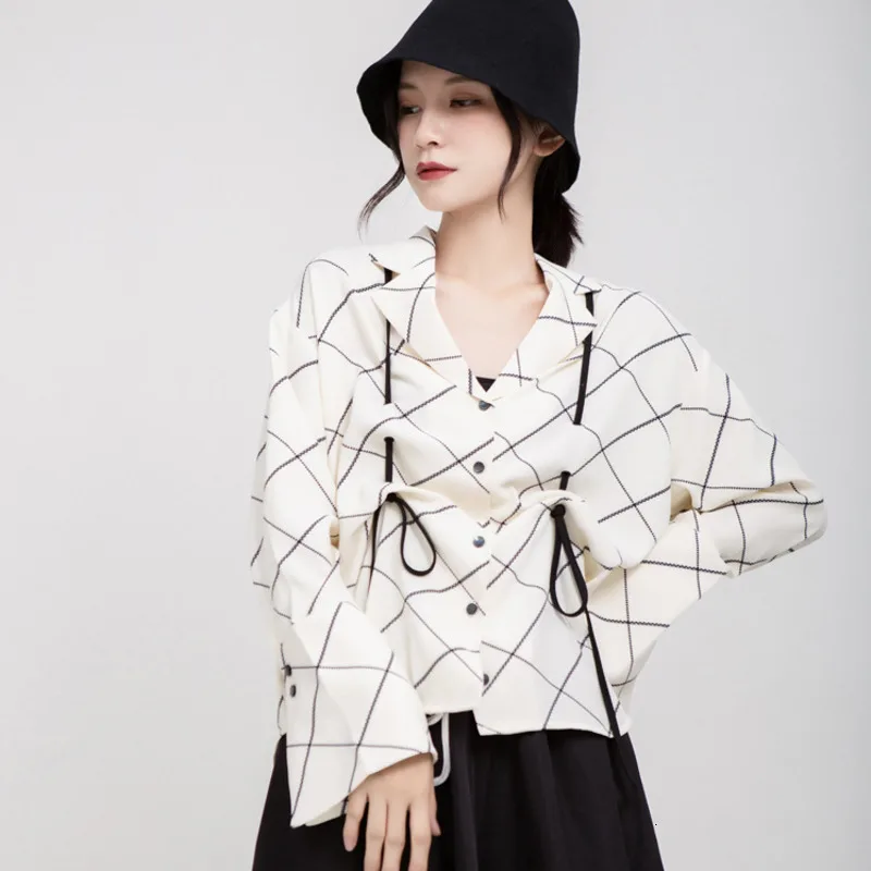 MEVGOHOT Turn Down Collar Woman's Fashion Plaid Drawstring Blouse Autumn Winter Draped Lattice Lace Up Korean Shirts HD3046