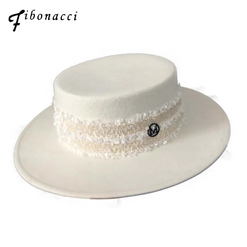 Fibonacci Quality Flat Top White Autumn Winter Fedora Hats for Women Men Wool 100% Felt Hat 2019 New Fedoras