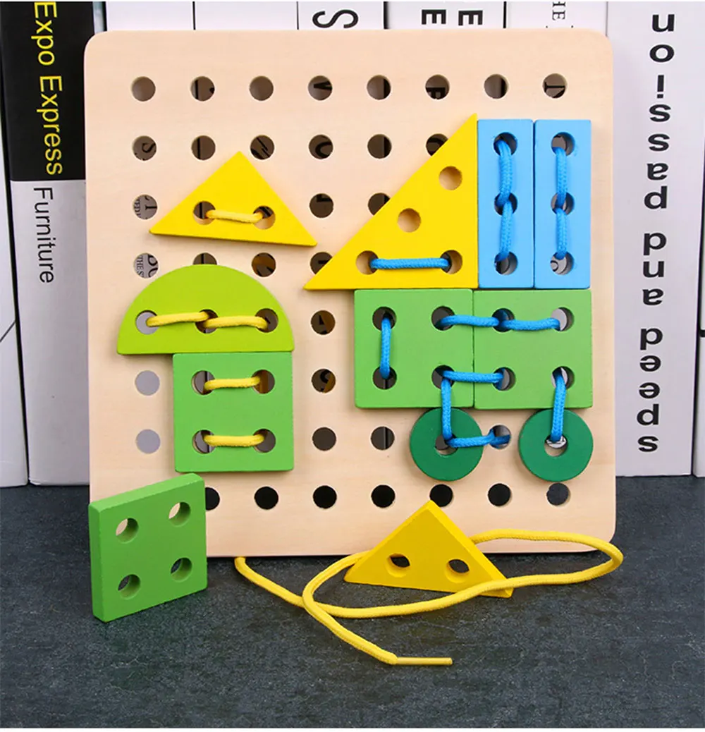 Различные формы DIY ремесла Резьбовая доска для детей деревянная игрушка животные шнуровка струны головоломки шнурки бусины игрушки