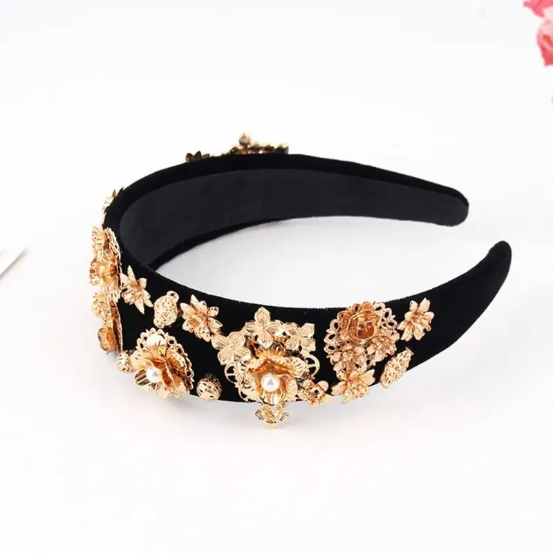 Women Luxury Heavy Duty Baroque Headband Gold Alloy Flower Rhinestone Hair Hoop 449F