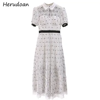 

Herudoan Fashion Runway Solid Elegant Holiday Dress Women Puff Sleeve Elegant Lace Embroidery Hollow Out Vintage Midi Dresses
