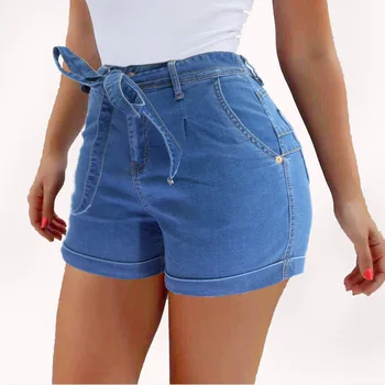 

2020 Summer All Match Sky Blue Cowboy Shorts High Elastic Waist Fashion Jeans Female Fashion Shorts Women with belt