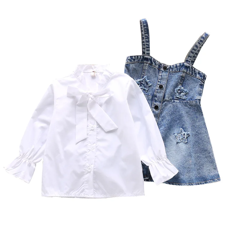 Весенняя одежда для маленьких девочек г. Осенние модные комплекты одежды для маленьких девочек футболка с длинными рукавами для девочек+ джинсовое платье, 2 предмета