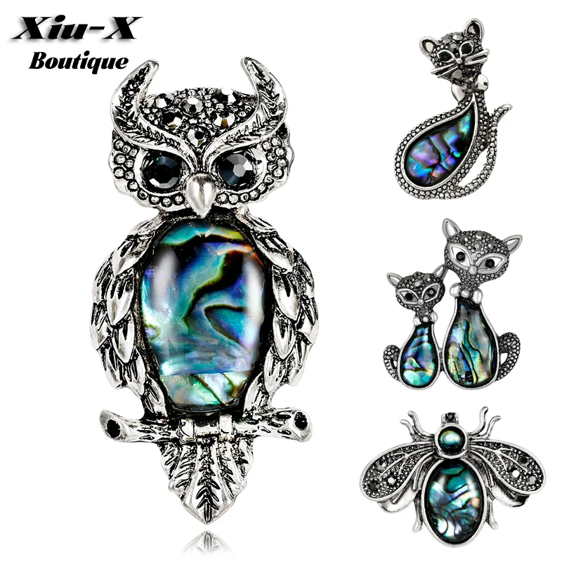 Natural Shell Vintage Brooch For Women Girl Cute Owl Cat Animal With Rhinestones Pin Scarf Coat Clothing | Украшения и аксессуары