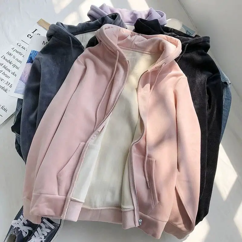 Sudadera de invierno las Mujeres Movimiento blanca de terciopelo con capucha Cremallera gruesa Sudadera con capucha Casual negro de talla grande gris ropa de mujer