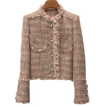 

vintage small fragrance tweed wool blazer women o-neck single breasted slim short suit jacket