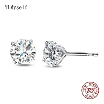 

Real 925 Stud earrings 7mm Round Cubic Zirconia jewelry Wedding Engagement jewellery Elegant sterling silver earring for women