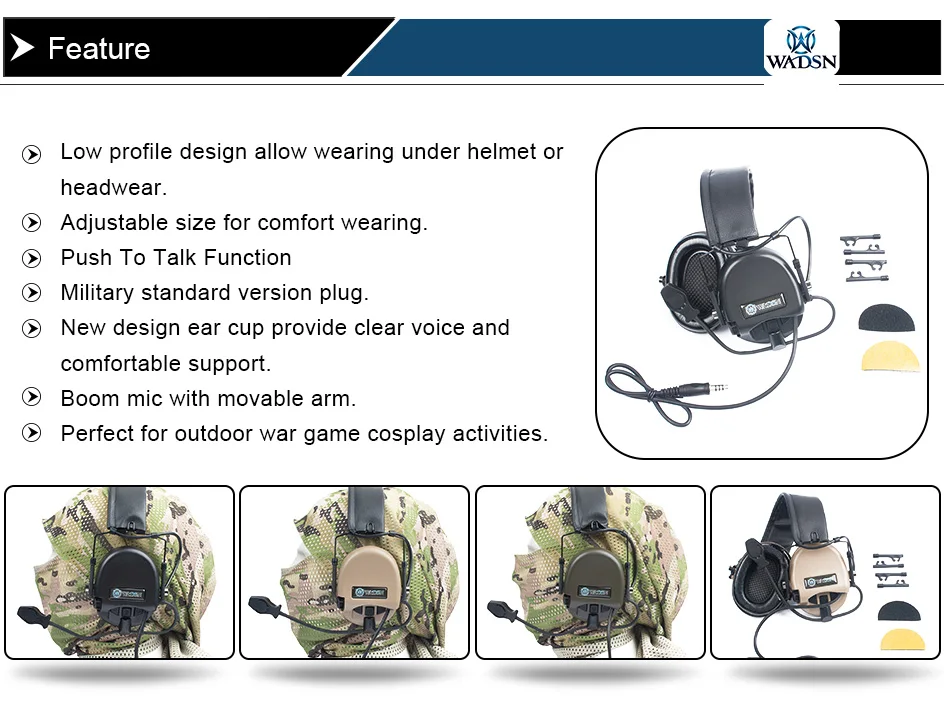 WADSN Тактический sordin страйкбол гарнитура Наушники Без Шумоподавления функция Коммуникационный наушник WZ164 кожа страйкбол гарнитура