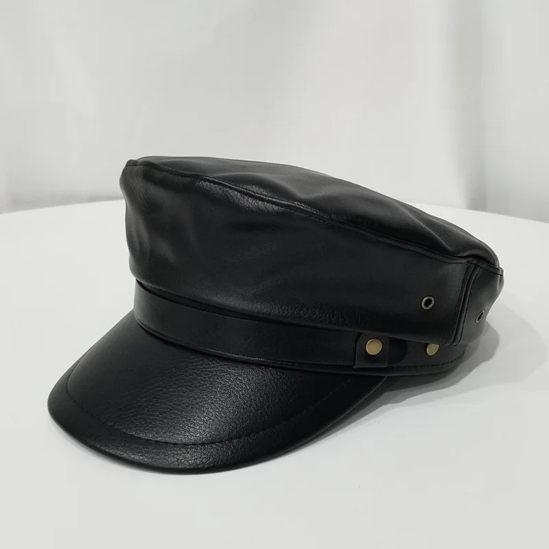 

Autumn and Winter Unisex Leather Navy Hat Female Spring and Autumn Black Military Cap Octagonal Hats Solid Color Leather Cap