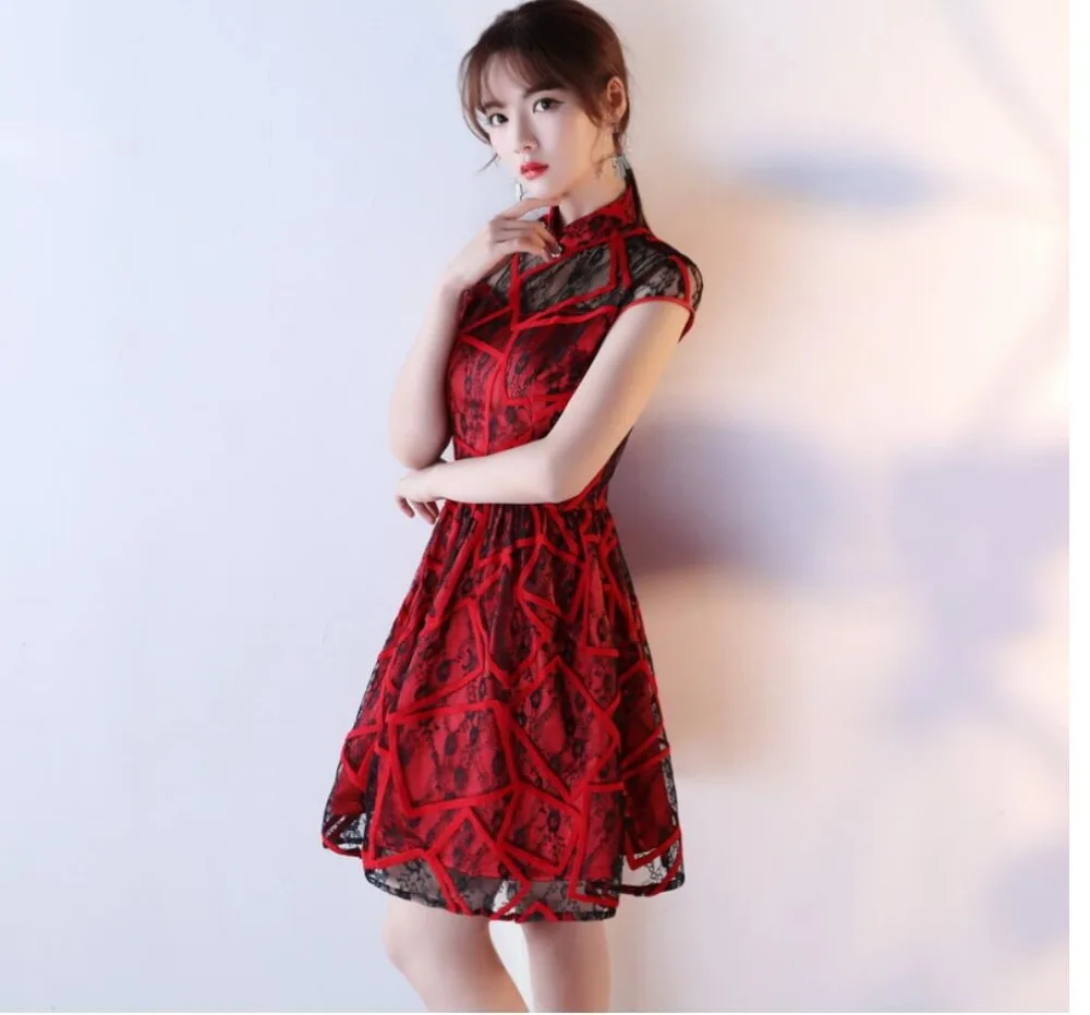 Сексуальное Красное китайское платье Чонсам женское винтажное современное кружевное шифоновое платье Ципао Восточный вечер для дам