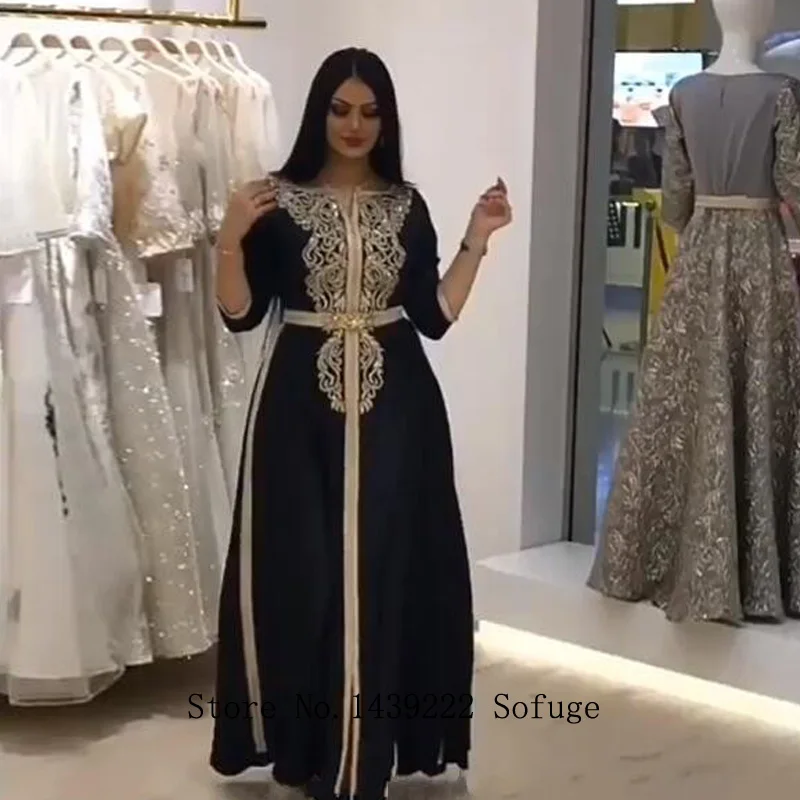 Черный шифон марокканский кафтан вечернее платье Алин Кружева Аппликации Саудовская Арабский мусульманский особых случаев Формальное