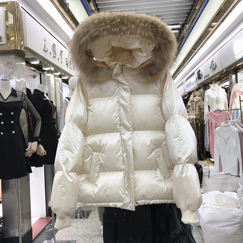 Новое осенне-зимнее женское пальто с хлопковой подкладкой, яркий воротник из меха енота, Свободное пальто, сохраняющее тепло, стеганые куртки для студентов