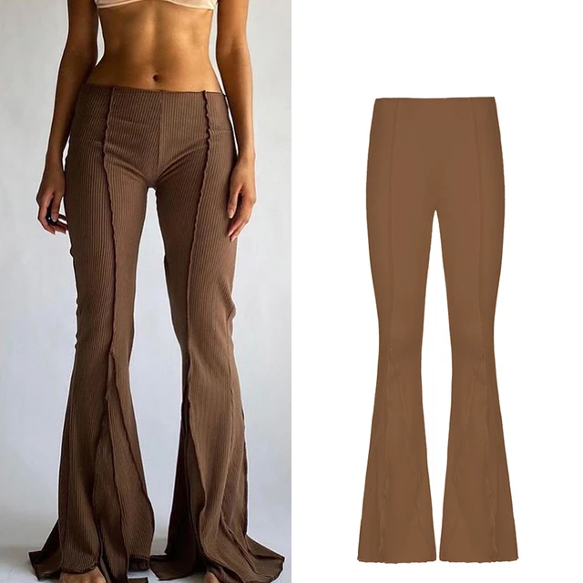 CIBBAR Solid Low Waist Ribbed Flare Pants Women Summer Slim Elegant Casual Elastic Trousers Female Fashion All-Match Streetwear Brown