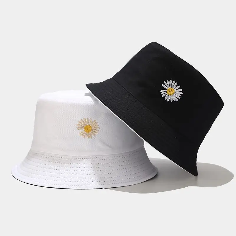 Fishing Summer Bucket Hats Women's Daisy Cotton Hat Reversible Daily Beach Sun Protection Beige White Yellow