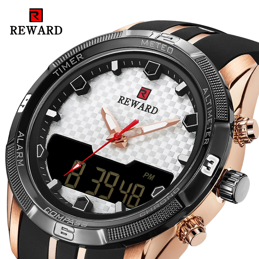

REWARD Sports Men Dual Display Wristwatches Luminous Hands Black Silicone Band White Mesh Woven Case Waterproof Clock Male