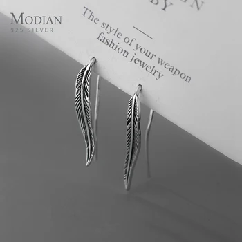 

Modian Retro Long Feather 100% Authentic 925 Sterling Silver Hook Earrings for Women Simple Drop Earring Fashion Fine Jewelry
