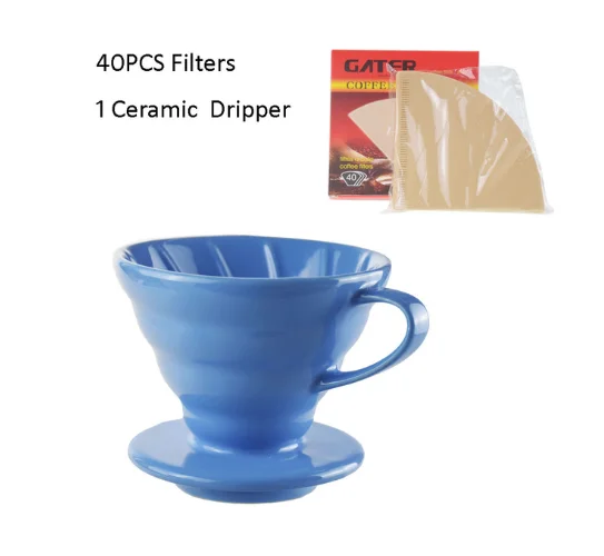 Синий Size 02 Ceramic V60 Pour Over Coffee Dripper Barista Coffee Maker Percolator with Paper Filters 40pcs - Цвет: Синий