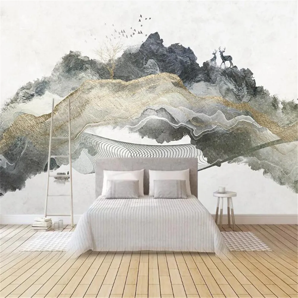 

Milofi New Chinese Abstract Zen Ink Landscape Gold Line Elk Large Mural Wallpaper Background Wall