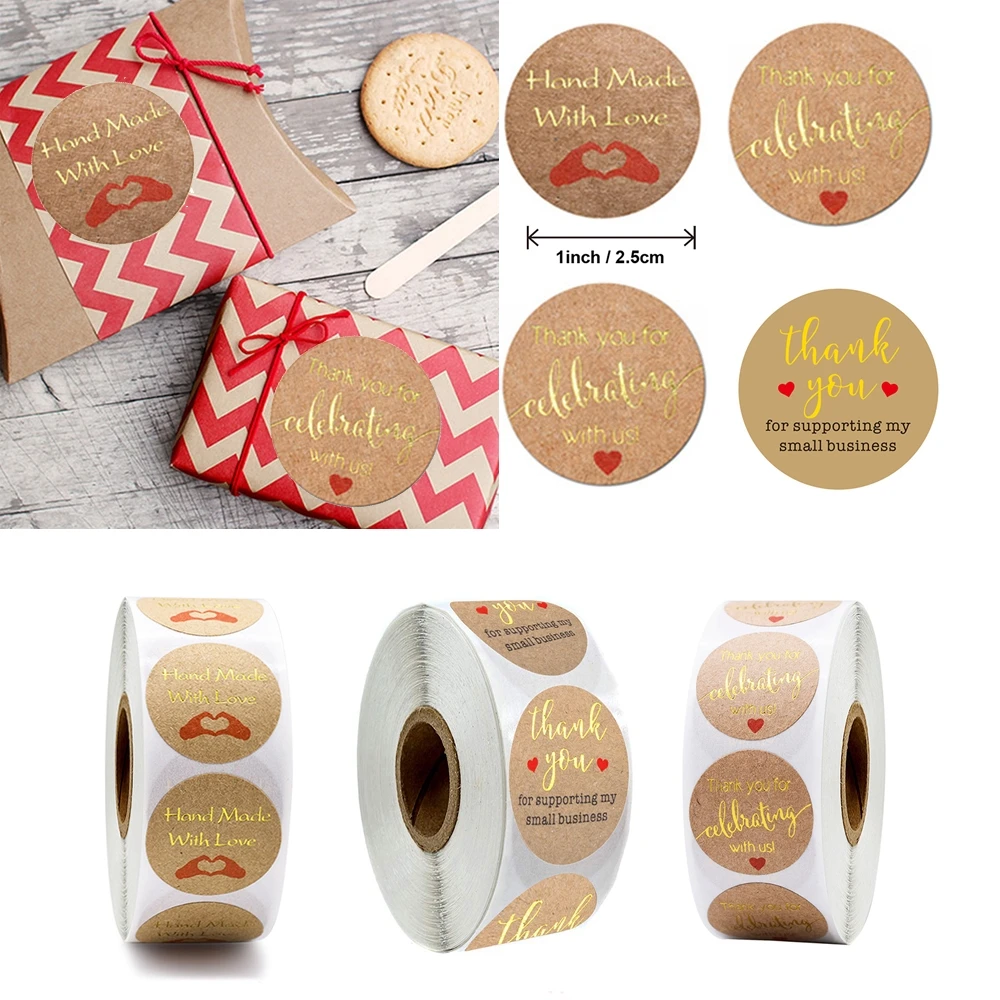 

500 Pcs/Roll Gold Thank You Round Stickers Hand Made with Love Kraft Paper Labels Envelopes Gift Seal Label DIY Decoration