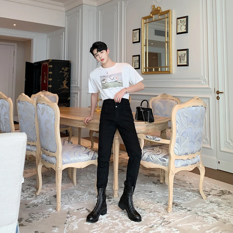 Черный Autumn men's fashion high waist denim trousers tide men's self-cultivation wild feet casual jeans - Цвет: Черный