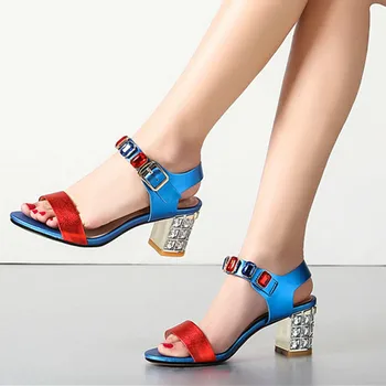 

Gladiator Women Genuine Leather Sandals Crystal High Heels Mix-color summer Shoes Woman Female Wedding Party Sandal