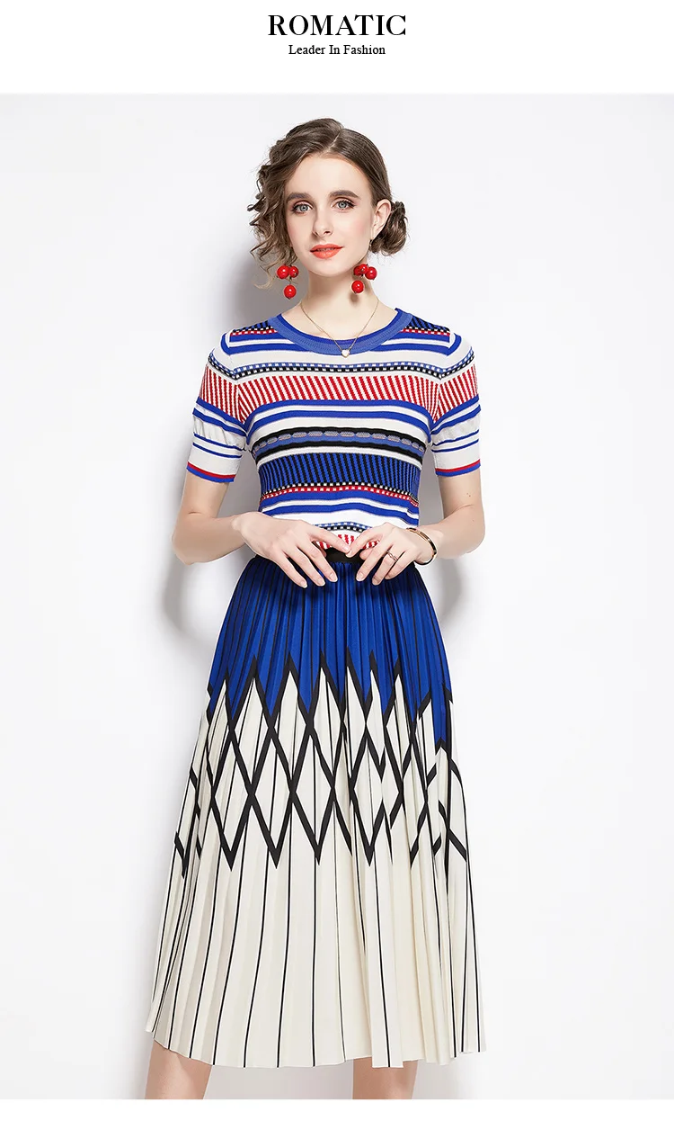 New Arrival Summer Stripe Knit Tops and Printed A-line Long Skirt Two piece Sets Women Runway Design Fashion Knit Set Suit