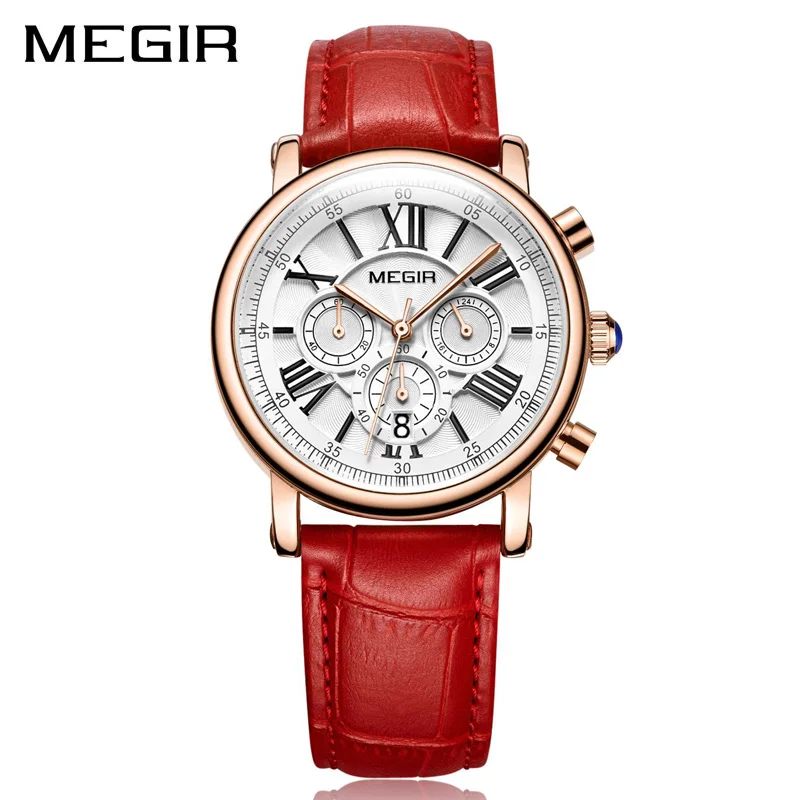 Часы MEGIR из розового золота с дизайном женские модные повседневные кожаные женские наручные часы женские часы с хронографом кварцевые часы - Цвет: Красный