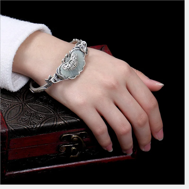 Bangle Наборы украшений в форме листьев из настоящего серебра 925 пробы, тайские серебряные браслеты для женщин, подвески из нефрита и бабочек, этнические кольца, бижутерия - Gem Color: Bangle