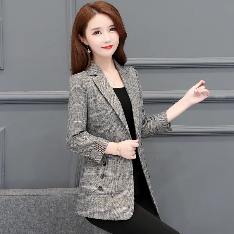 

2019 New Style Spring And Autumn Popular Fashion Casual Plaid Coat Women's Mid-length Versatile Online Celebrity Thin Small Suit