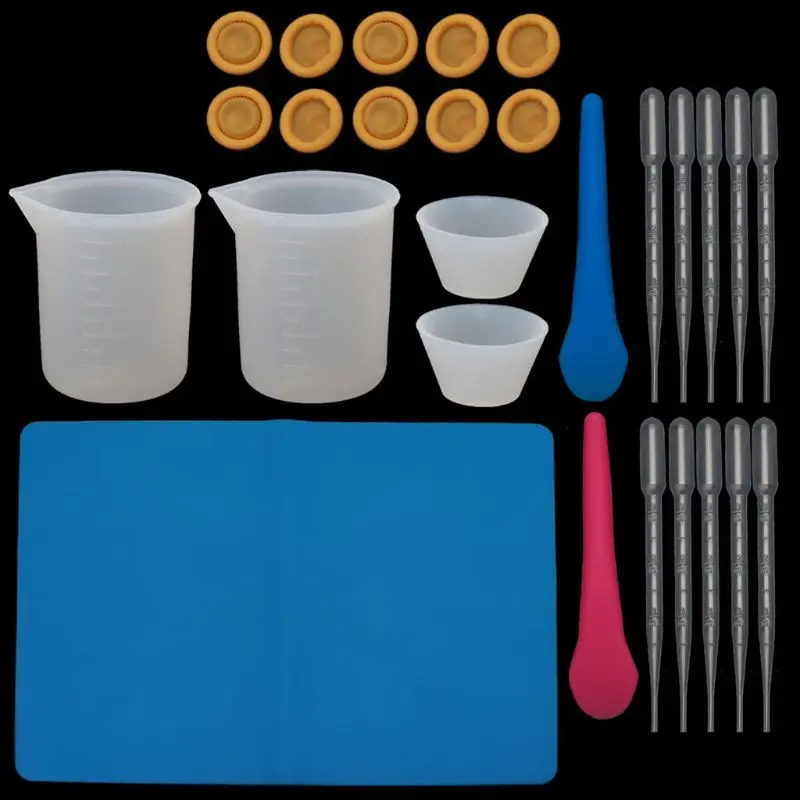 

27Pc Reusable Silicone Resin Kit Nonstick Silicone Mat 100ml Measuring Cups Finger Cots Resin Mix Cup Stir Stick Pipette