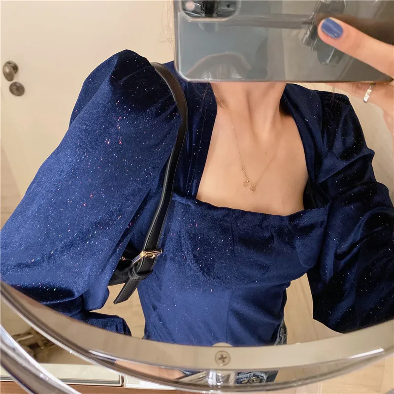 Звездное небо Bling Velours рубашка женская укороченный топ с квадратным вырезом и пышными рукавами Сексуальная футболка с принцессой Женская сорочка Camiseta Feminina