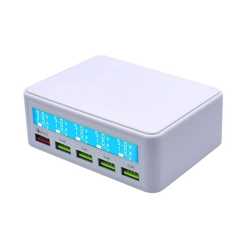 FULL-Quick Charge Qc 3.0 Smart 5 Port Usb Charger Power Adapter Station Lcd Display(White