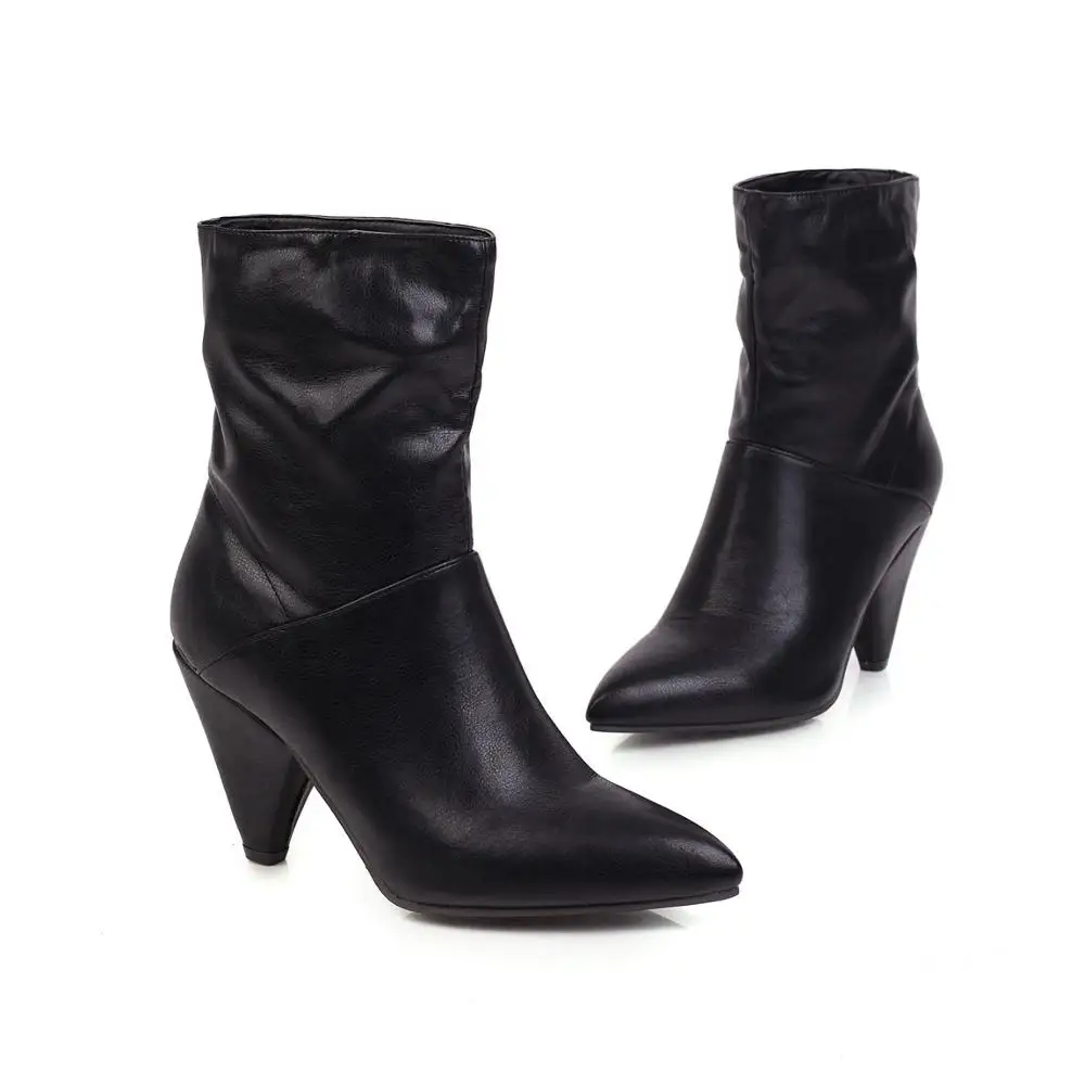 black PQECFS/большой размер 35-47, высококачественные Зимние Модные Женские однотонные сапоги до середины голени на высоком каблуке для верховой езды 3 цвета - Цвет: black